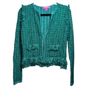 LILLY PULITZER Women's Simora Fringe Cardigan Evergreen Exotic Tweed Small